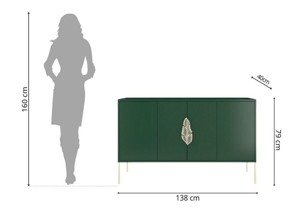 SIDEBOARD Merlin, Grün, Goldene Details - Dunkelgrün/Goldfarben, Holzwerkstoff/Metall (138/79/40cm) - Skandica