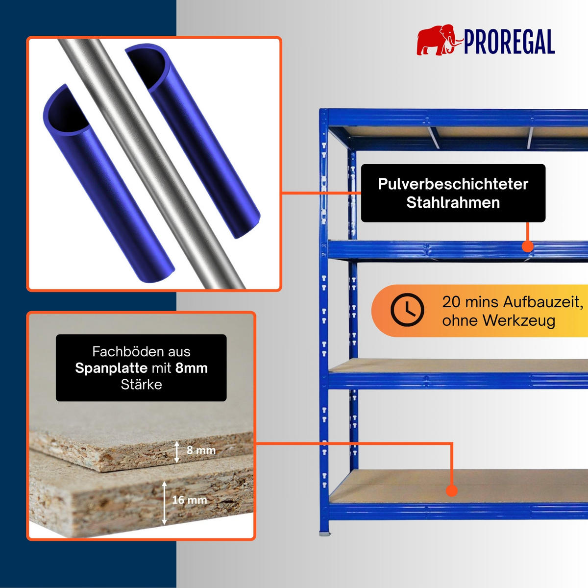 SCHWERLASTREGAL Rhino 200x200x60 cm 4 Spanplatten-Ebenen 8mm Fachlast 500 kg Blau - Blau, Metall (200/200/60cm) - PROREGAL