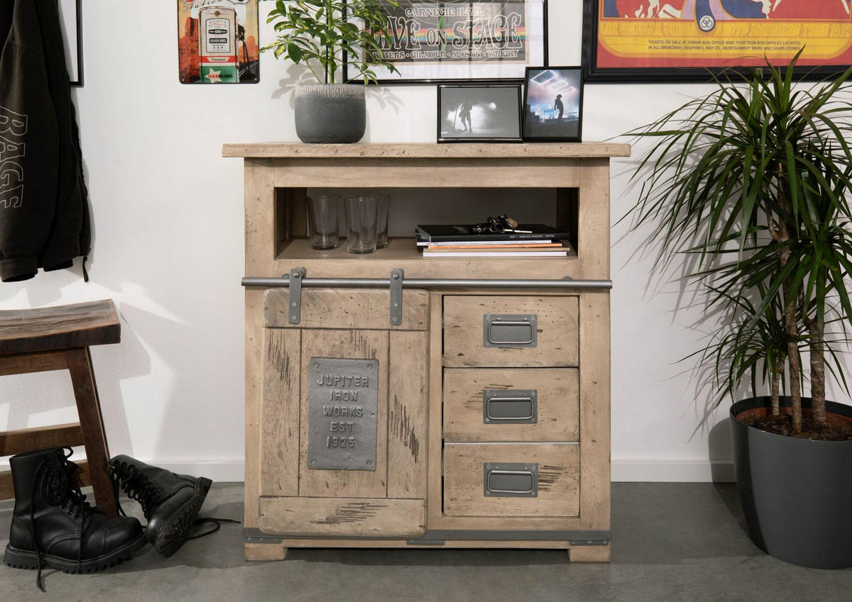 KOMMODE Mango 80x45x85 whitewash lackiert RAILWAY #310 - Beige, Holz (80/85/45cm) - Massivmoebel24