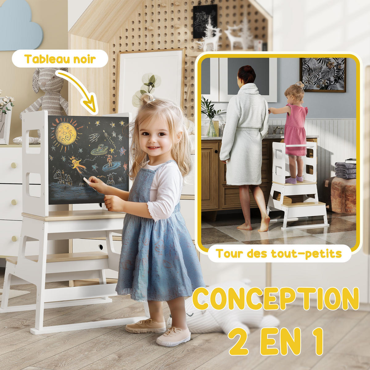 LERNTURM DE-17253 mit Tafel & trapezförmiger Sicherheitsstruktur Weiß - Weiß, Naturmaterialien (52.5/87.5/55cm) - ComfortXL