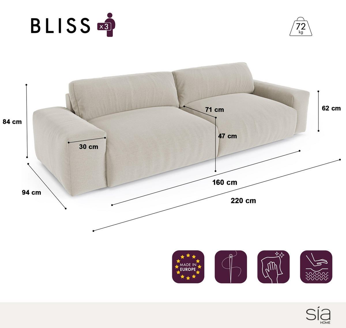 SOFA 3-SITZER Samt creme 220 cm - Creme, Textil (220/47/120cm) - Sia Home