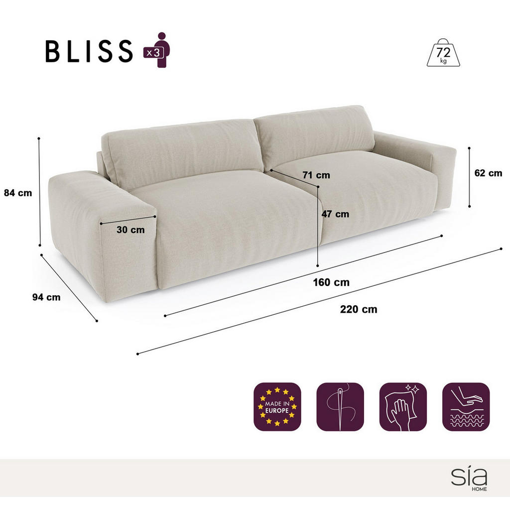 Thumbnail - Sia Home Sofa, Blau, Textil, 3-Sitzer, Rechteckig, 220x47x120 cm, Wohnzimmer, Sofas & Couches, Sofas, 3-Sitzer Sofas