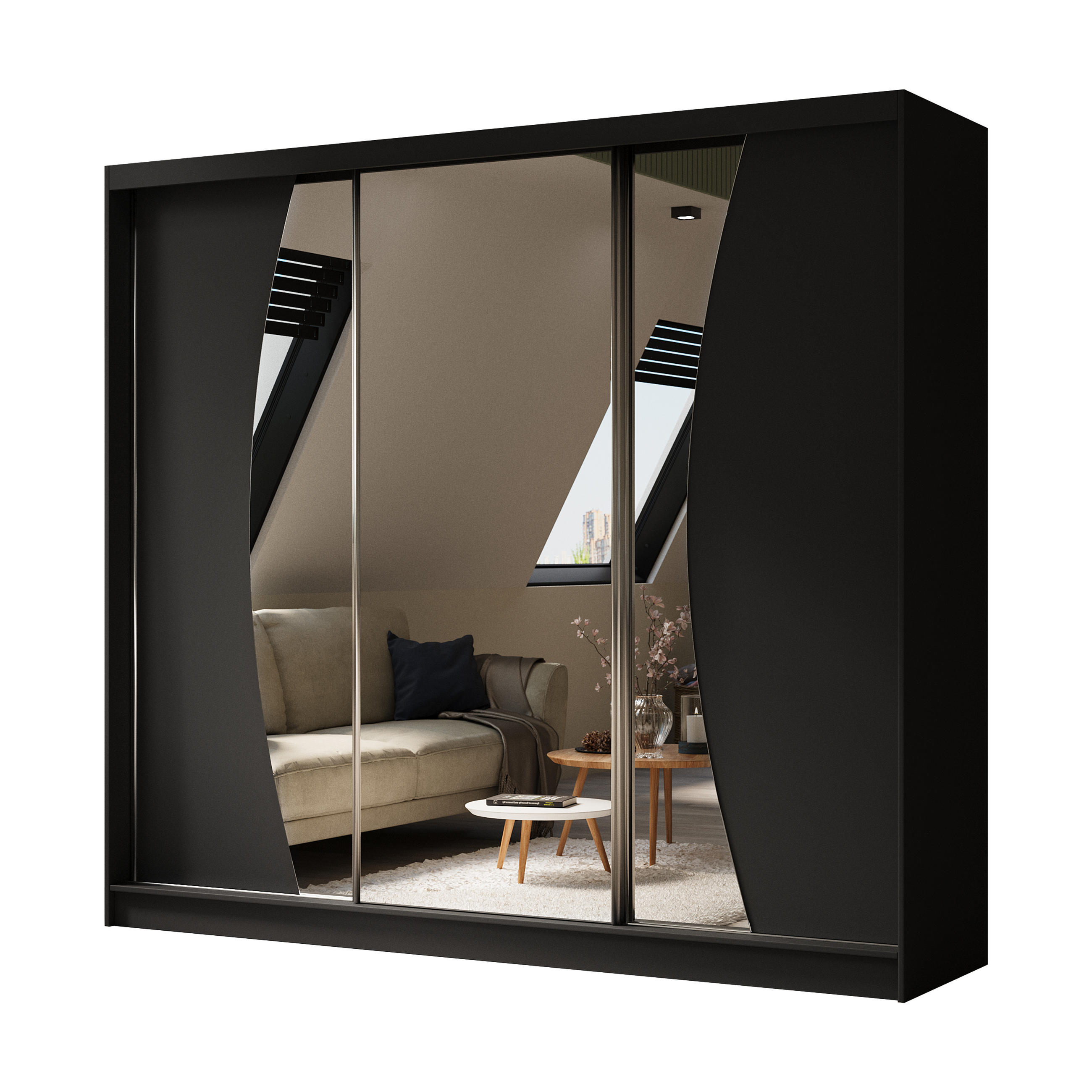 KLEIDERSCHRANK mit Spiegel-Schiebetüren und Aluminium-Leisten, LED-Beleuchtung - VOXI - 240 cm Schwarz - Schwarz, Holzwerkstoff (240/216/61cm) - ALTDECOR