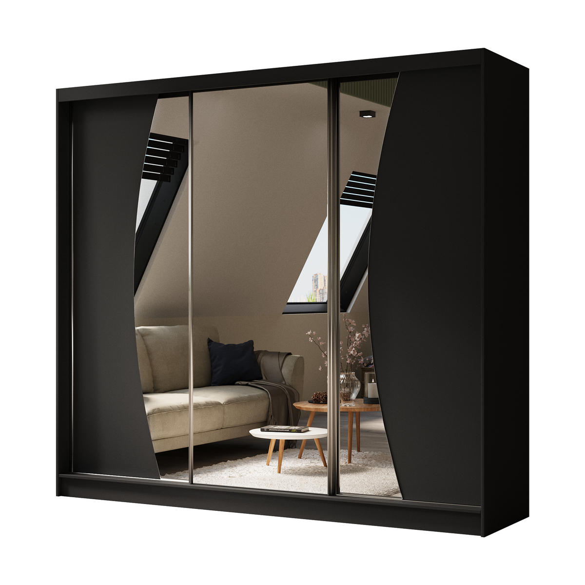 KLEIDERSCHRANK mit Spiegel-Schiebetüren und Aluminium-Leisten, LED-Beleuchtung - VOXI - 240 cm Schwarz - Schwarz, Holzwerkstoff (240/216/61cm) - ALTDECOR
