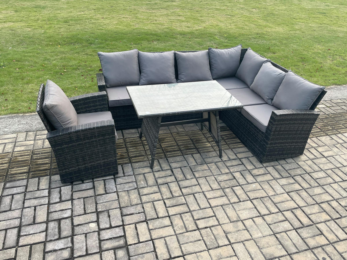 LOUNGEGARNITUR mit Esstisch Sofa Polyrattan Dunkelgrau 7-Sitzer - Dunkelgrau/Grau, Glas/Kunststoff - Fimous