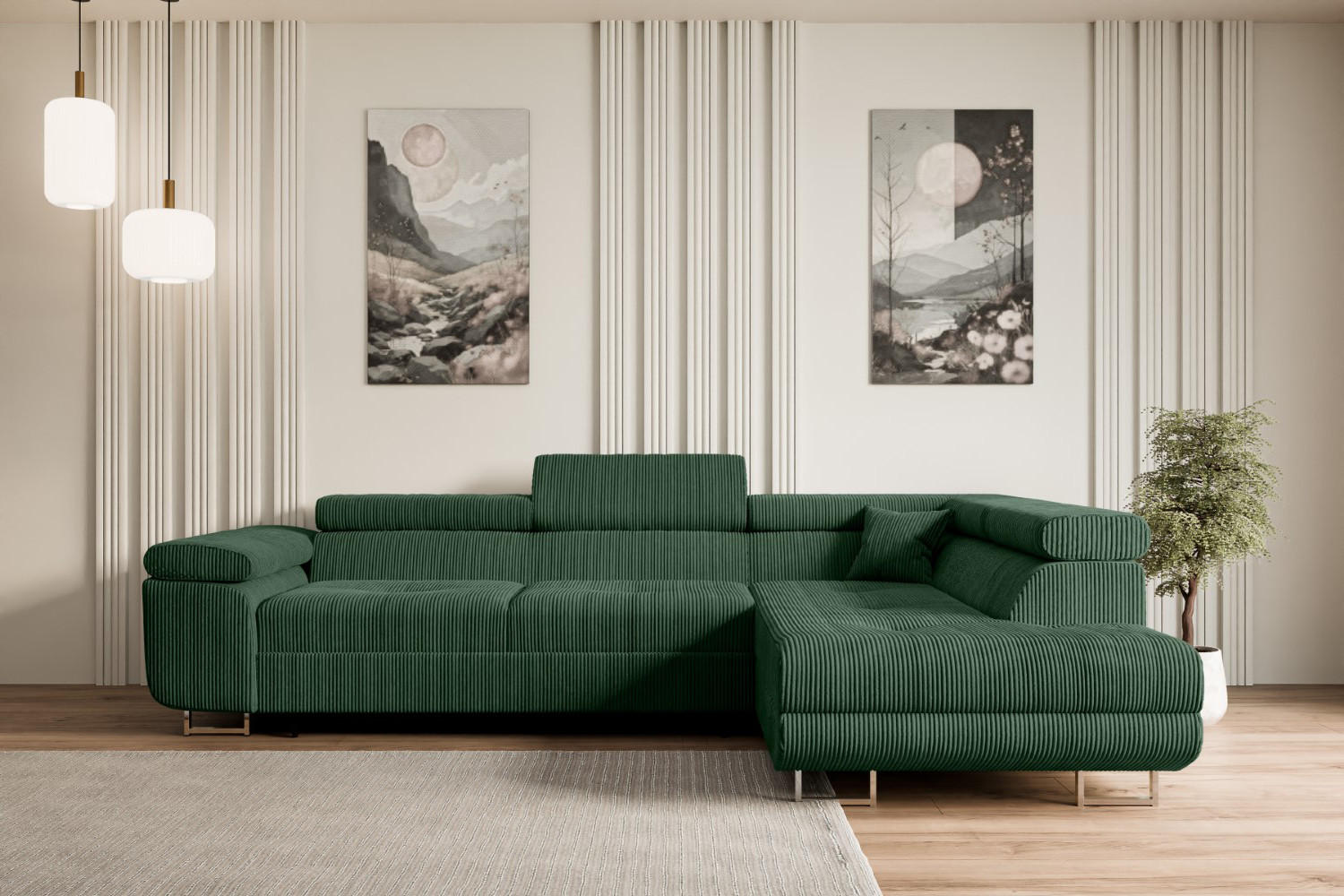 ECKSOFA mit Schlaffunktion und Bettkasten GUSA-L 272x202x107 cm Grün Cord - Silberfarben/Grün, Holzwerkstoff/Textil (272/202cm) - ALTDECOR