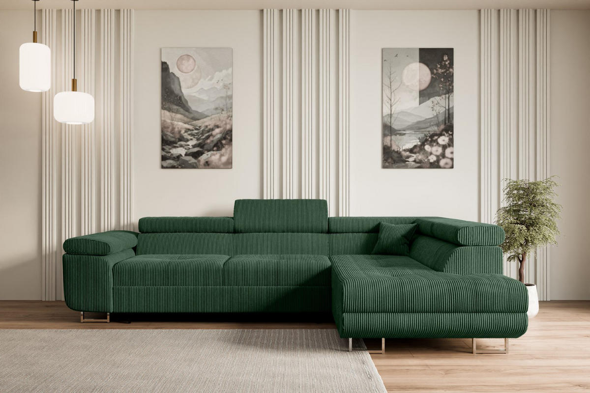 ECKSOFA mit Schlaffunktion und Bettkasten GUSA-L 272x202x107 cm Grün Cord - Silberfarben/Grün, Holzwerkstoff/Textil (272/202cm) - ALTDECOR