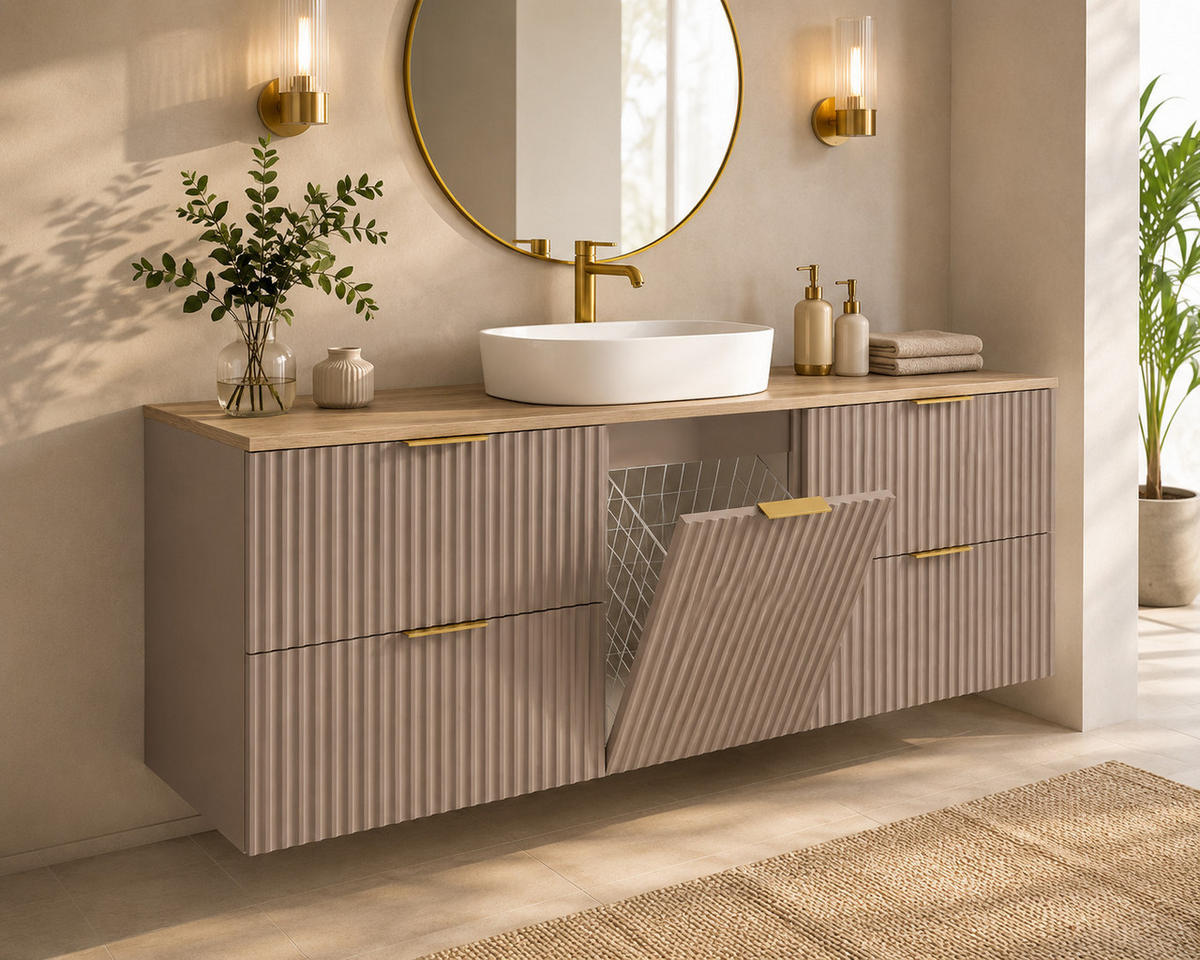 BADMÖBEL-SET MIT WÄSCHEKORB: Kaschmir / Platte Eiche Hell, Griffe Gold, 160 x 46 x 57 cm - Kaschmir/Eichefarben, Holzwerkstoff (160/57/46cm) - 3XE LIVING