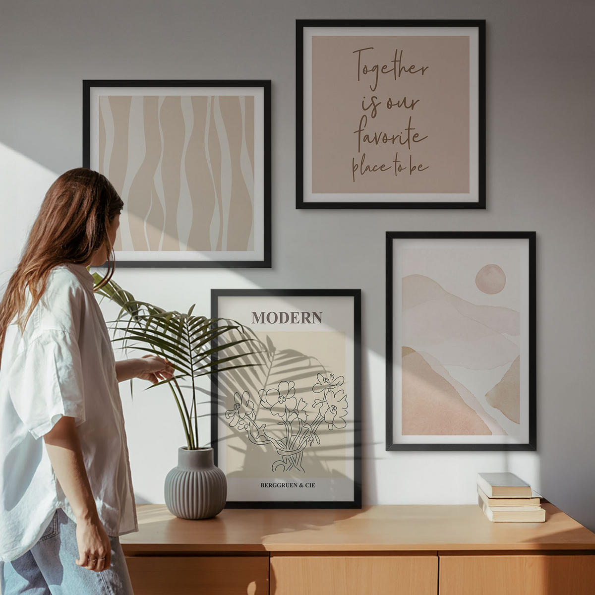 BILDER SET 4er Set - 50x50 cm & 40x60 cm Schwarzer Rahmen - Abstrakte Formen und Farben - Schwarz, Kunststoff (50/50cm) - TULUP