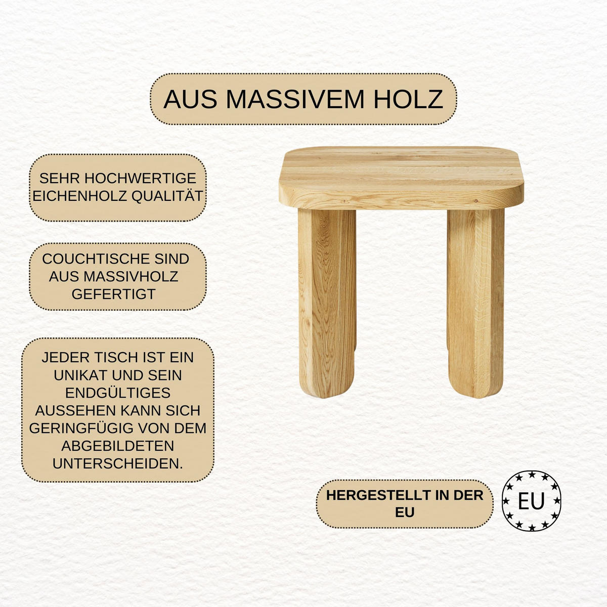 COUCHTISCH Eichenholz vollmassiv quadratisch Naturbelassenen 50/50/45 - Naturfarben, Holz (50/50/45cm)