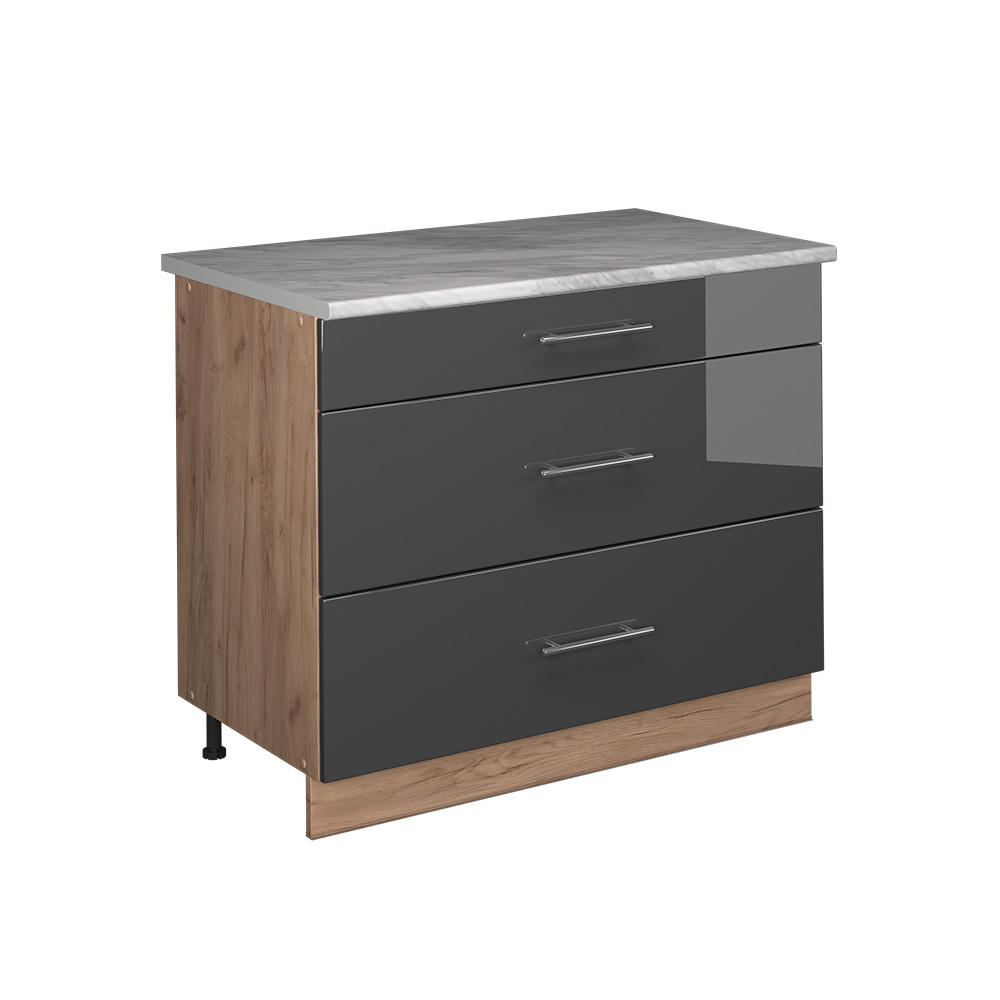 KÖKSUNDERSKÅP Fame-Line, Antracit högblank/Goldkraft ek, 100 cm, AP Marble Svart högglans, Honungsek 82/100/60 cm
