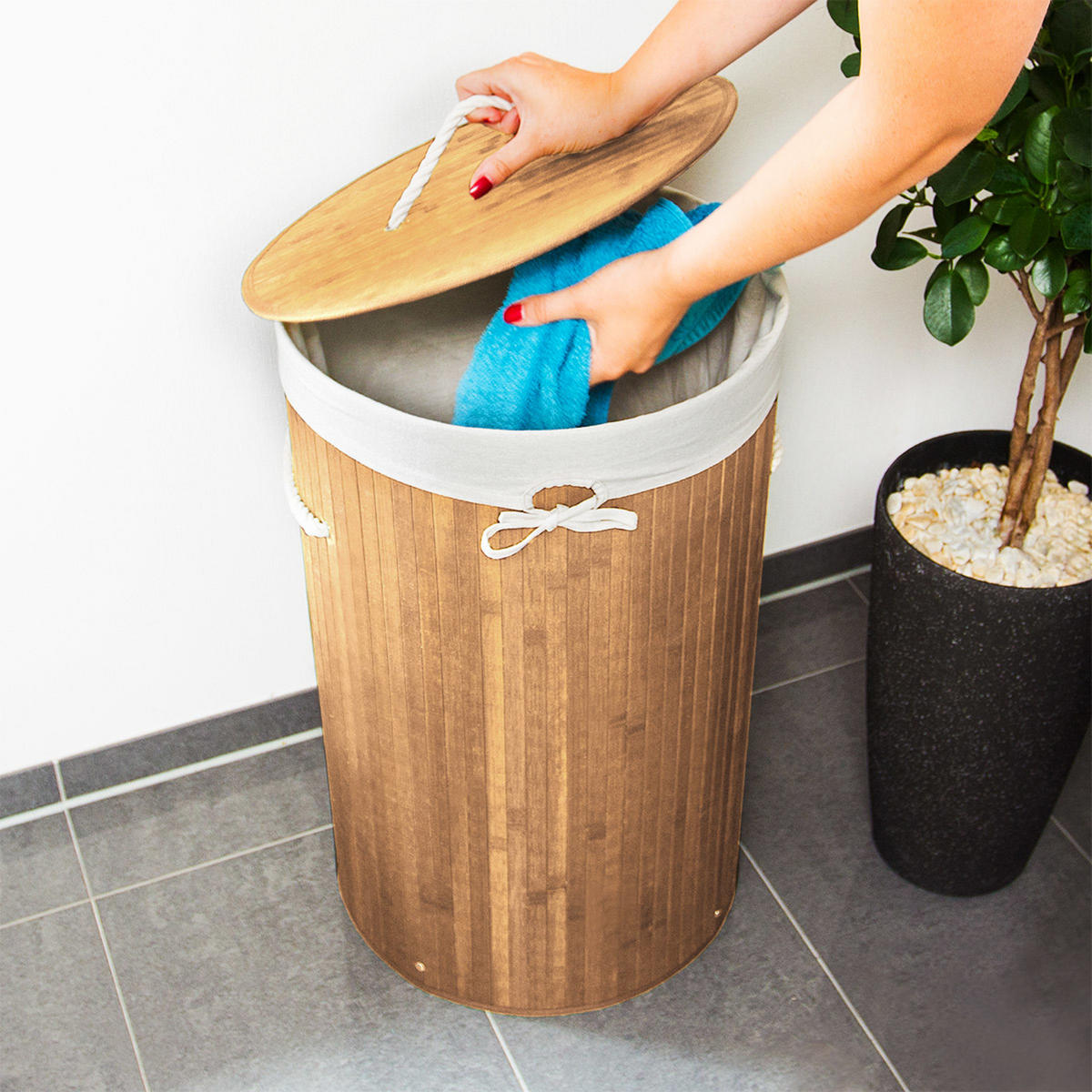 WÄSCHEKORB - Hellbraun, Holz/Textil (41/65/41cm) - Relaxdays
