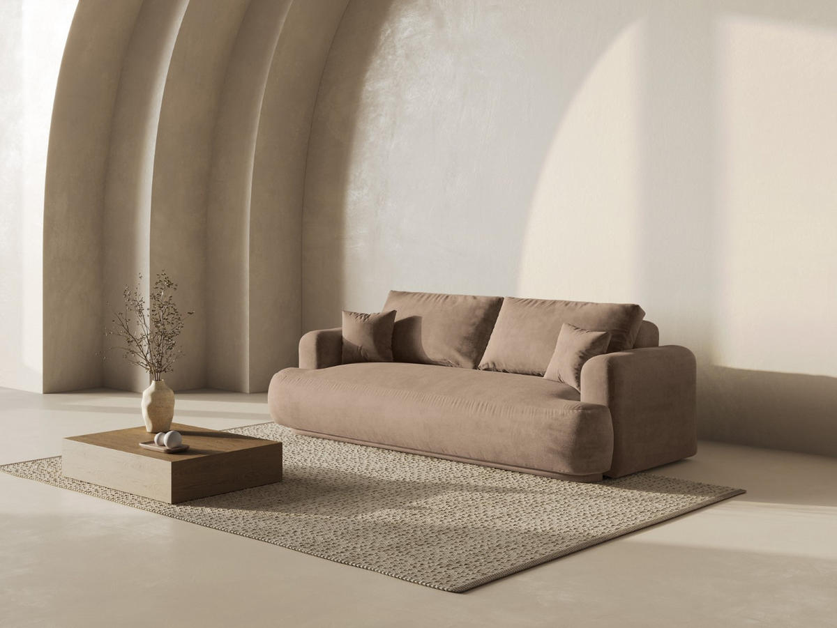 SOFA ausklappbar mit Bettkasten Ella aus Samt dunkelbeige 3 Sitzplätze - Mokka, Textil (271/94/108cm) - Micadoni