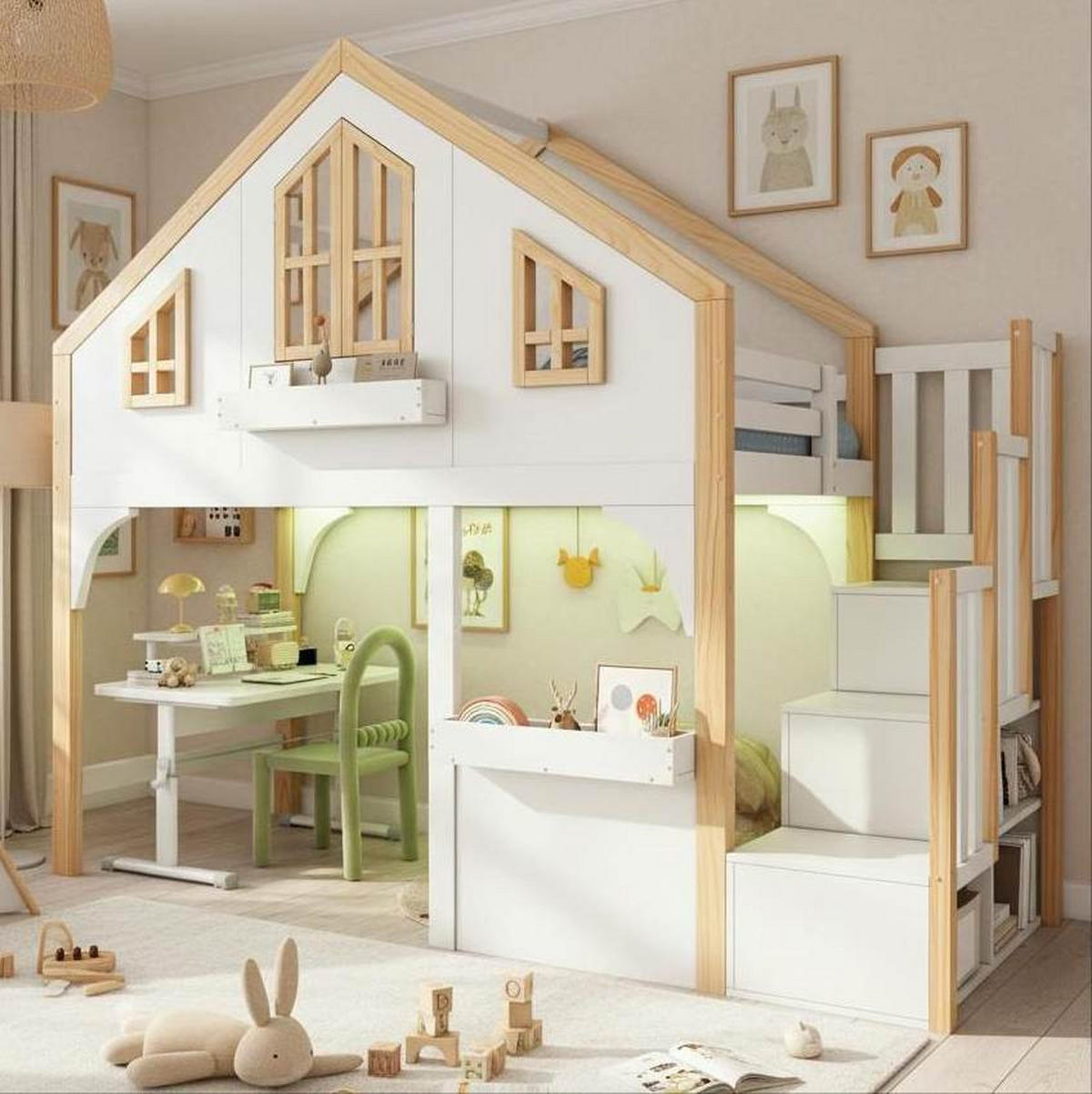 ETAGENBETT 90/200 cm Weiß aus Kiefernholz mit Stauraumtreppe und LED-Beleuchtung - Weiß, Holzwerkstoff (90/200cm) - OKWISH