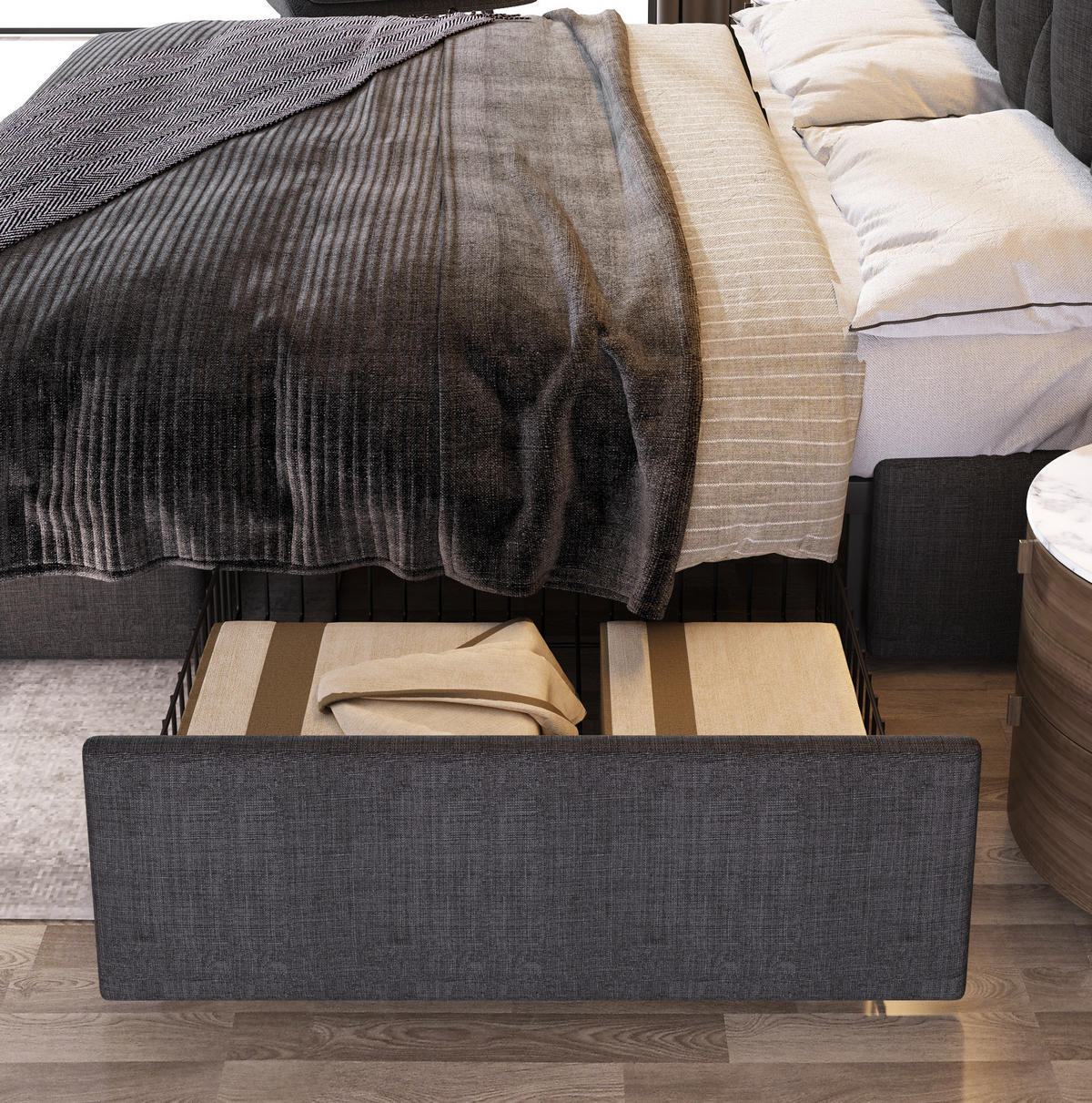 POLSTERBETT 140/200 cm Grau aus Leinen mit 4 Schubladen - Grau, Textil (140/200cm) - OKMYHOME