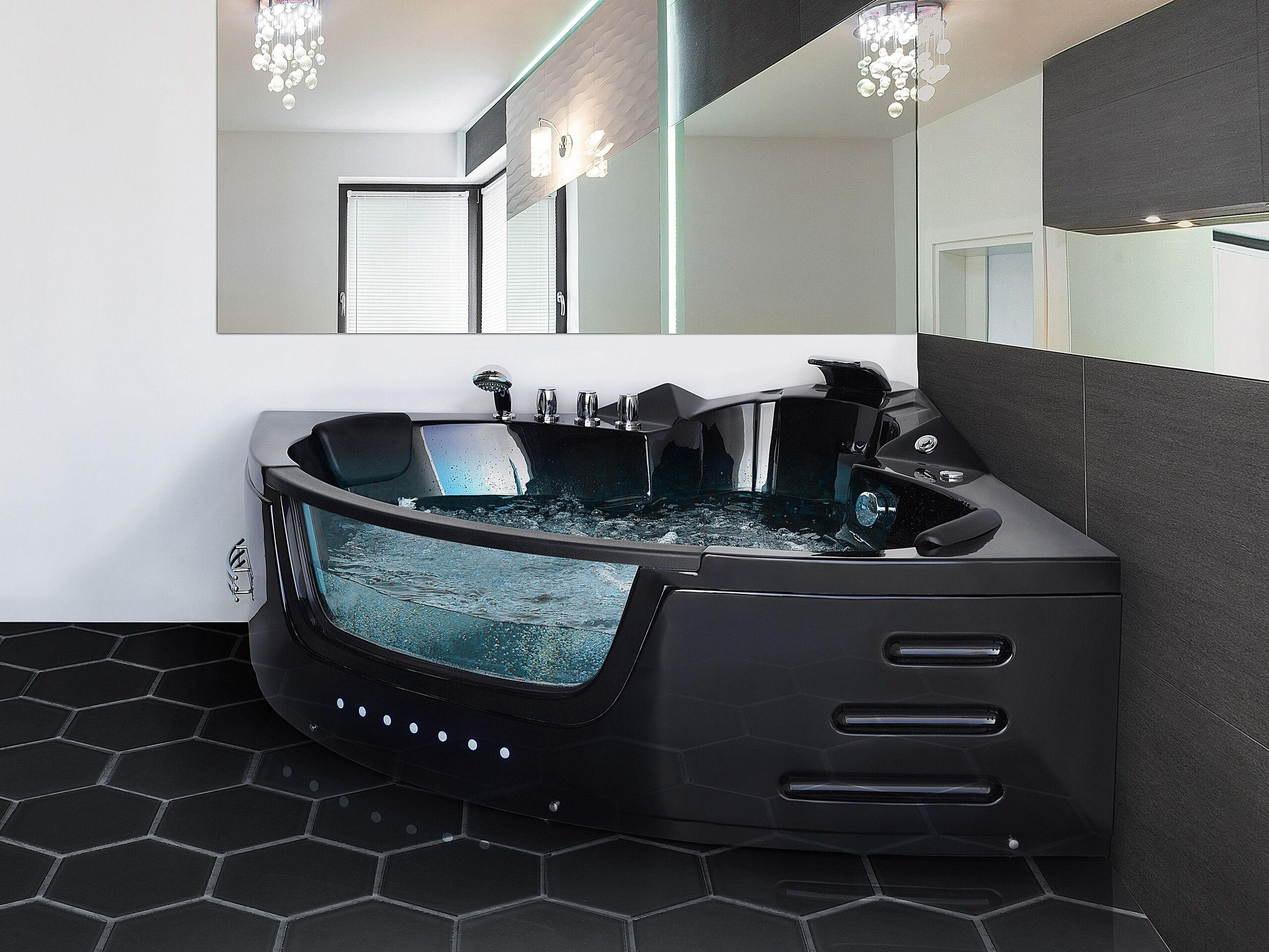 WHIRLPOOL-BADEWANNE mit LED 155x214x60 cm schwarz Martinica - Schwarz, Kunststoff (155/60/214cm) - Beliani