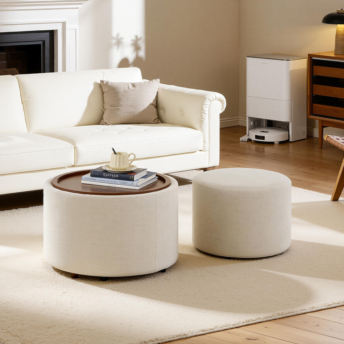 COUCHTISCH aus Leinen 58x58x38 cm in Beige mit Stauraum & Holzablage - Beige, Textil (58/58/38cm) - Modfu