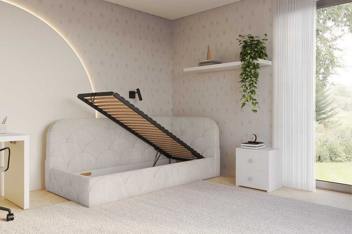 EINZELLBETT Jugendbett mit Bettkasten und Matratze H3/H4, Links - ELRY 90x200 Beige - Ecru, Holzwerkstoff/Textil (90/200cm) - ALTDECOR