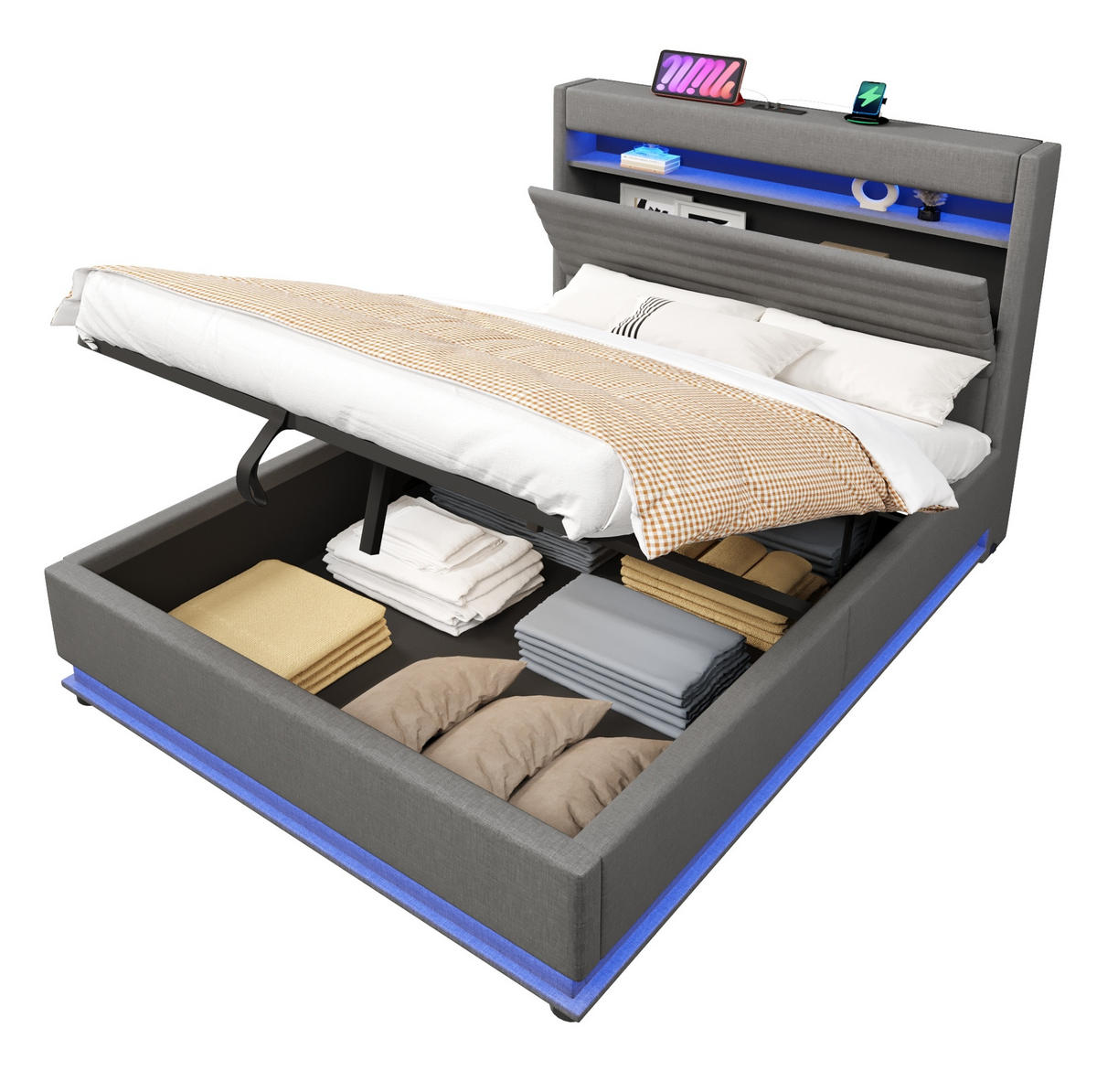 POLSTERBETT 140/200 cm Grau mit LED-Beleuchtung, USB- und Typ-C-Anschluss, hydraulischem Stauraum aus Leinen - Grau, Textil (140/200cm) - OKMYHOME
