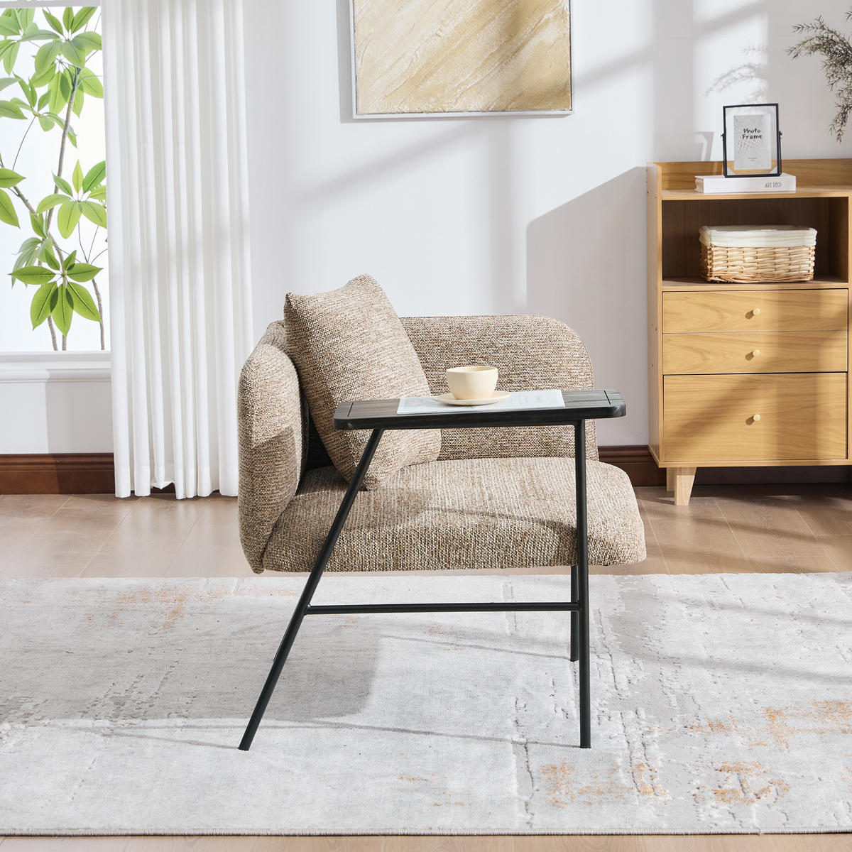 SESSEL Chenille Khaki mit Beistelltisch und Seitentaschen - Hellbraun, Textil/Metall (86/71/72cm) - WISHDOR