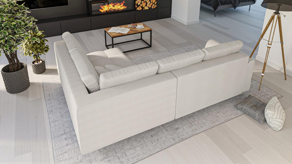 ECKSOFA MIT HOCKER Lorine Mikrofaser Ecru - Ecru/Hellbraun, Buchenholz/Textil (231/161cm) - S-Style Möbel