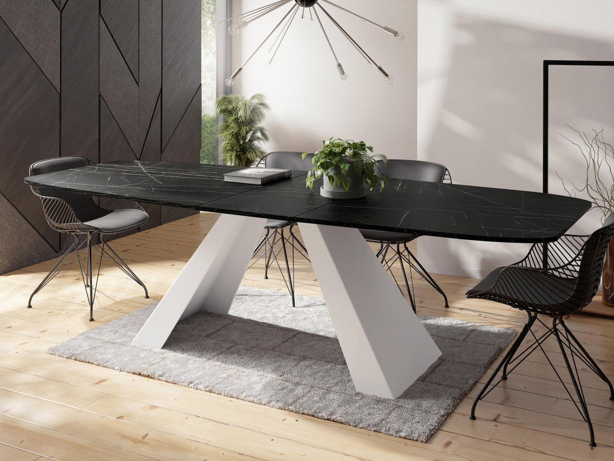 ESSTISCH Monte Weiß rechteckig ausziehbar, Marmor Schwarz 180-220/90/76 cm - Anthrazit/Schwarz, Holzwerkstoff/Metall (90/218/76cm) - WFL GROUP
