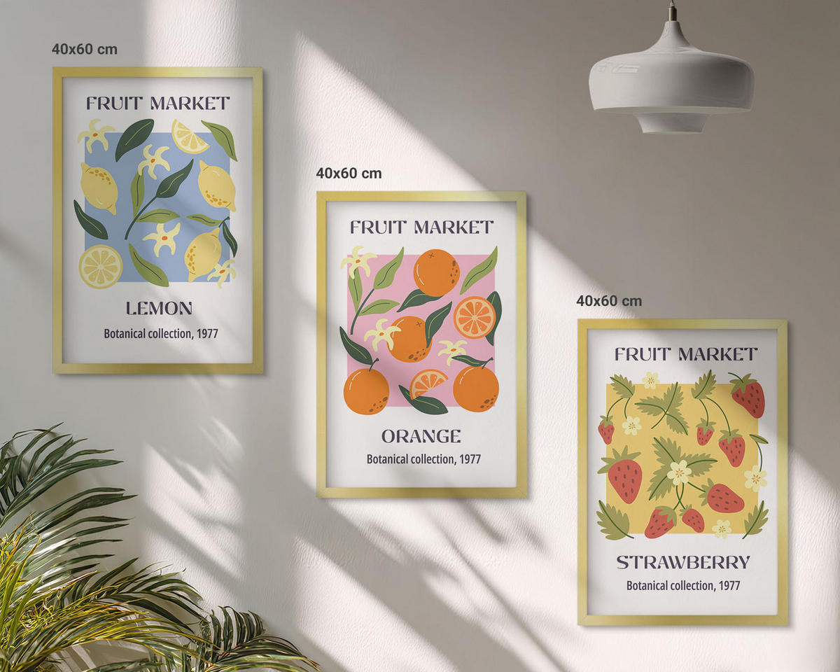 BILDER SET 3er Set - 40x60 cm Goldrahmen - Fruchtposter Zitronen Erdbeeren - Goldfarben, Kunststoff (40/60cm) - TULUP