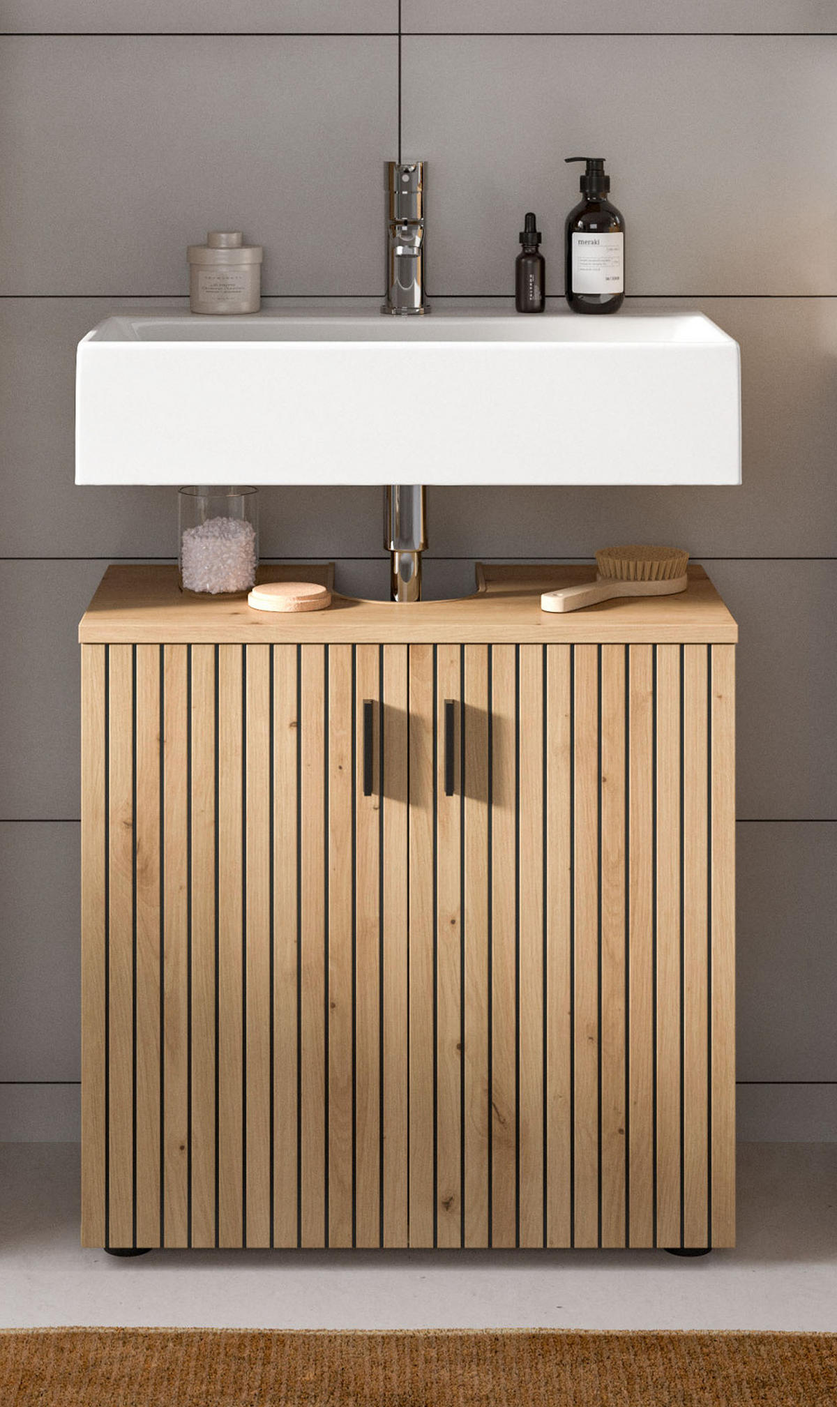 WASCHBECKENUNTERSCHRANK Eiche Artisan 80 cm, Badezimmer Unterschrank mit Rillen-Optik - Schwarz/Eiche Artisan, Holzwerkstoff/Kunststoff (60/59/30cm) - Inn.Furn