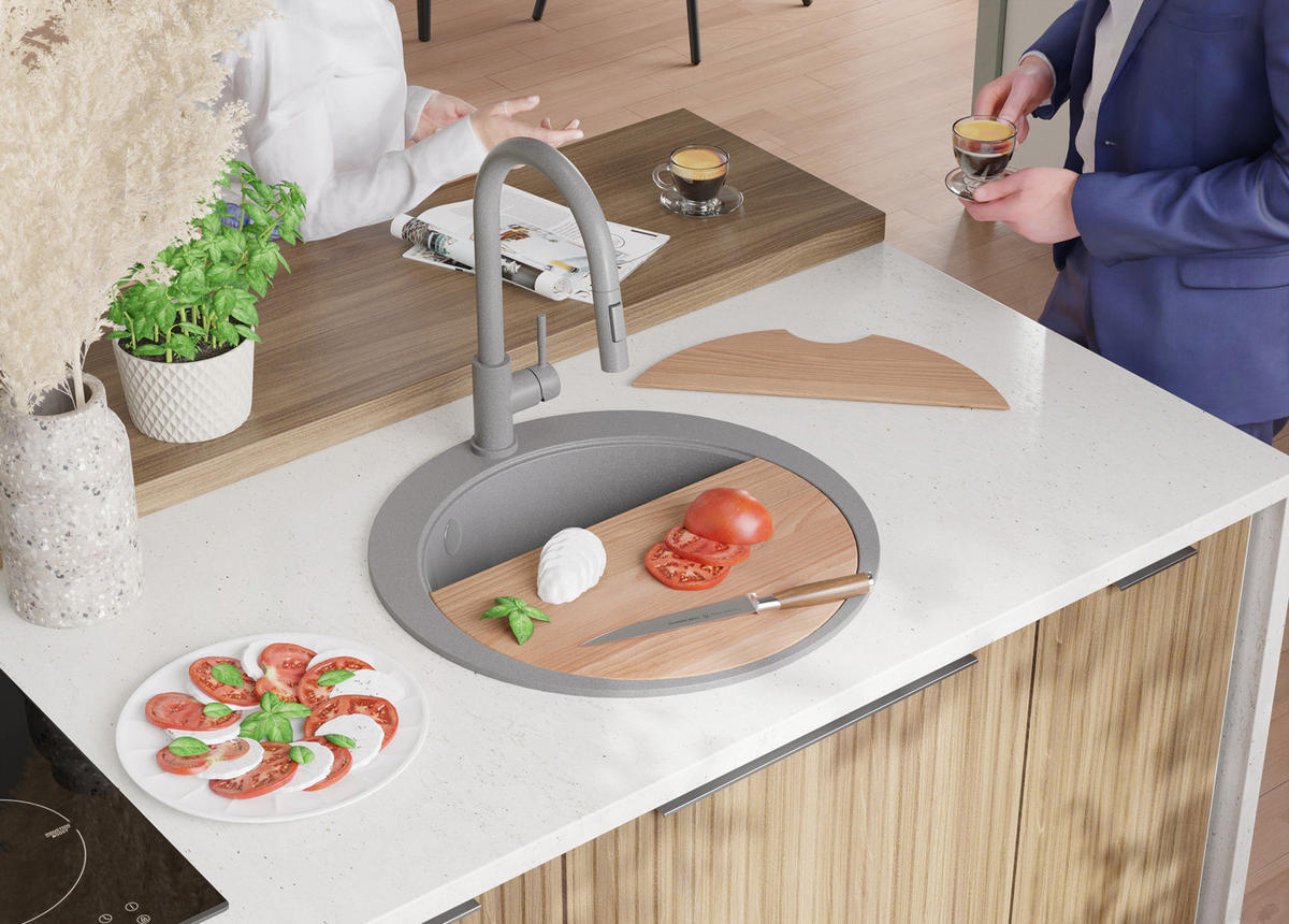 SPÜLBECKEN RUND Pisa Max, 2-er set Grau 53/53 cm 1 Becken + Ablauf-Set + Schneidebrett ab 50er Unterschrank - Chromfarben/Beige, Kunststoff (53/20/53cm) - Primagran