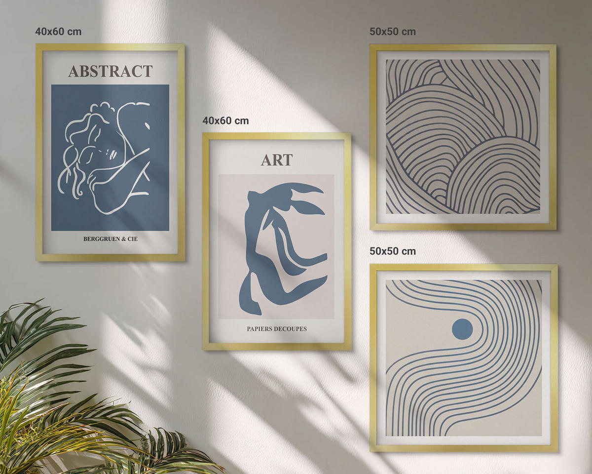 BILDER SET 4er Set - 50x50 cm & 40x60 cm Goldrahmen - Poster mit abstrakten Linien und Wellen - Goldfarben, Kunststoff (50/50cm) - TULUP