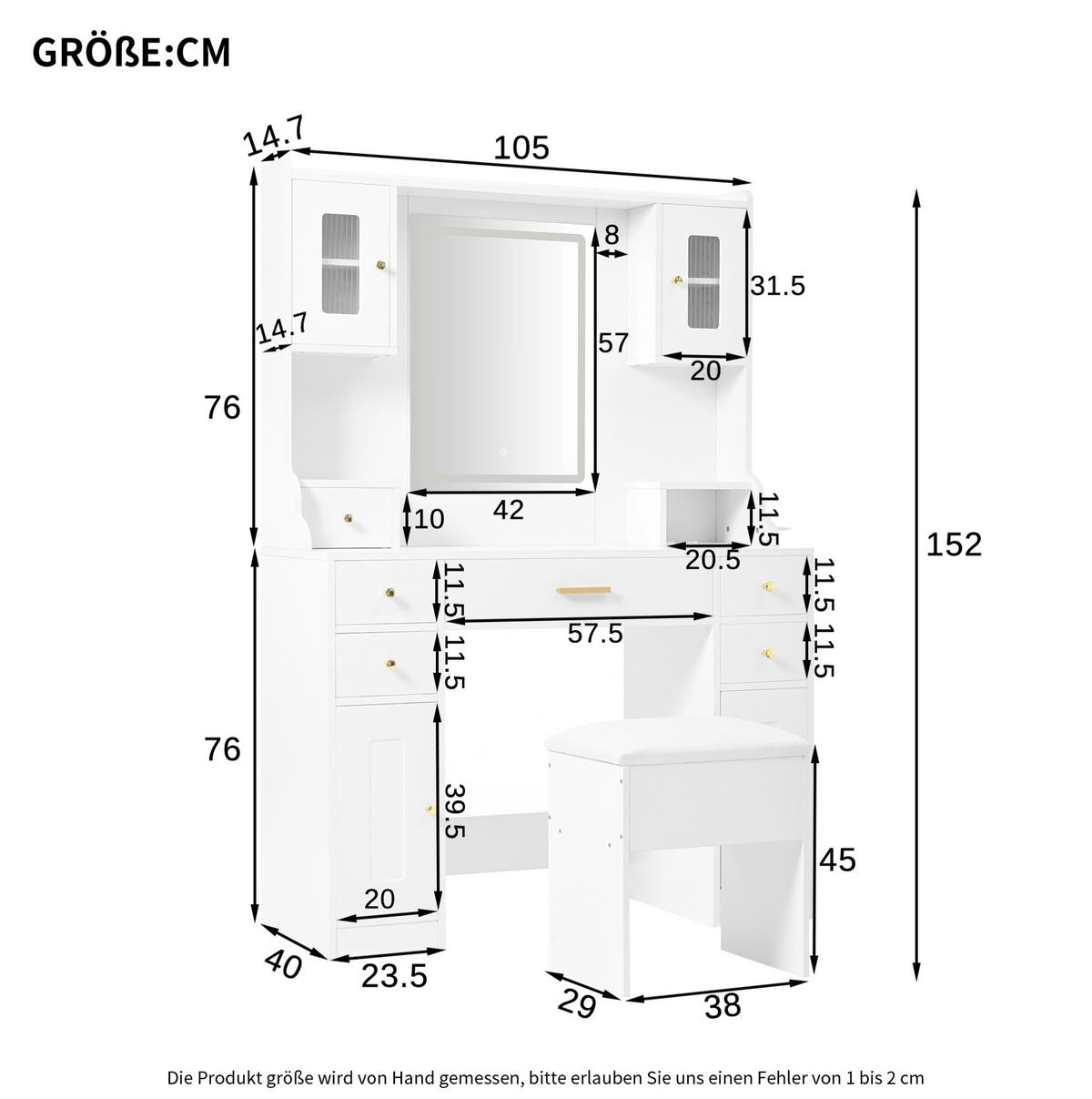 STOL za šminkanje, 105/152/40 cm, iverica bijela, s LED ogledalom i utičnicama - bijela, drvni materijal (40/152/105cm) - BEAOK