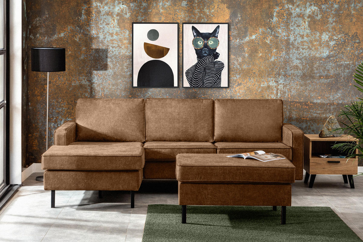 ECKSOFA-LINKS INVIA mit Armlehnen vintage, Lederoptik-Stoff, braun - Schwarz/Braun, Textil (234/160cm) - KONSIMO®