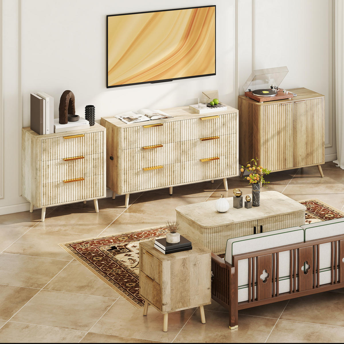 NACHTSCHRANK DE-12878 2 geriffelte Schubladen, goldene Griffe Eiche - Eichefarben, Holzwerkstoff (40/53/40cm) - ComfortXL