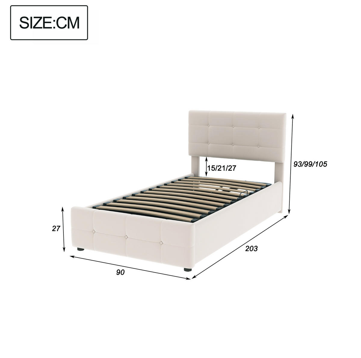KINDERBETT 90/200 cm mit hydraulischem Stauraum, verstellbarem Kopfteil und Samtbezug, Beige - Beige, Textil (90/200cm) - Redom