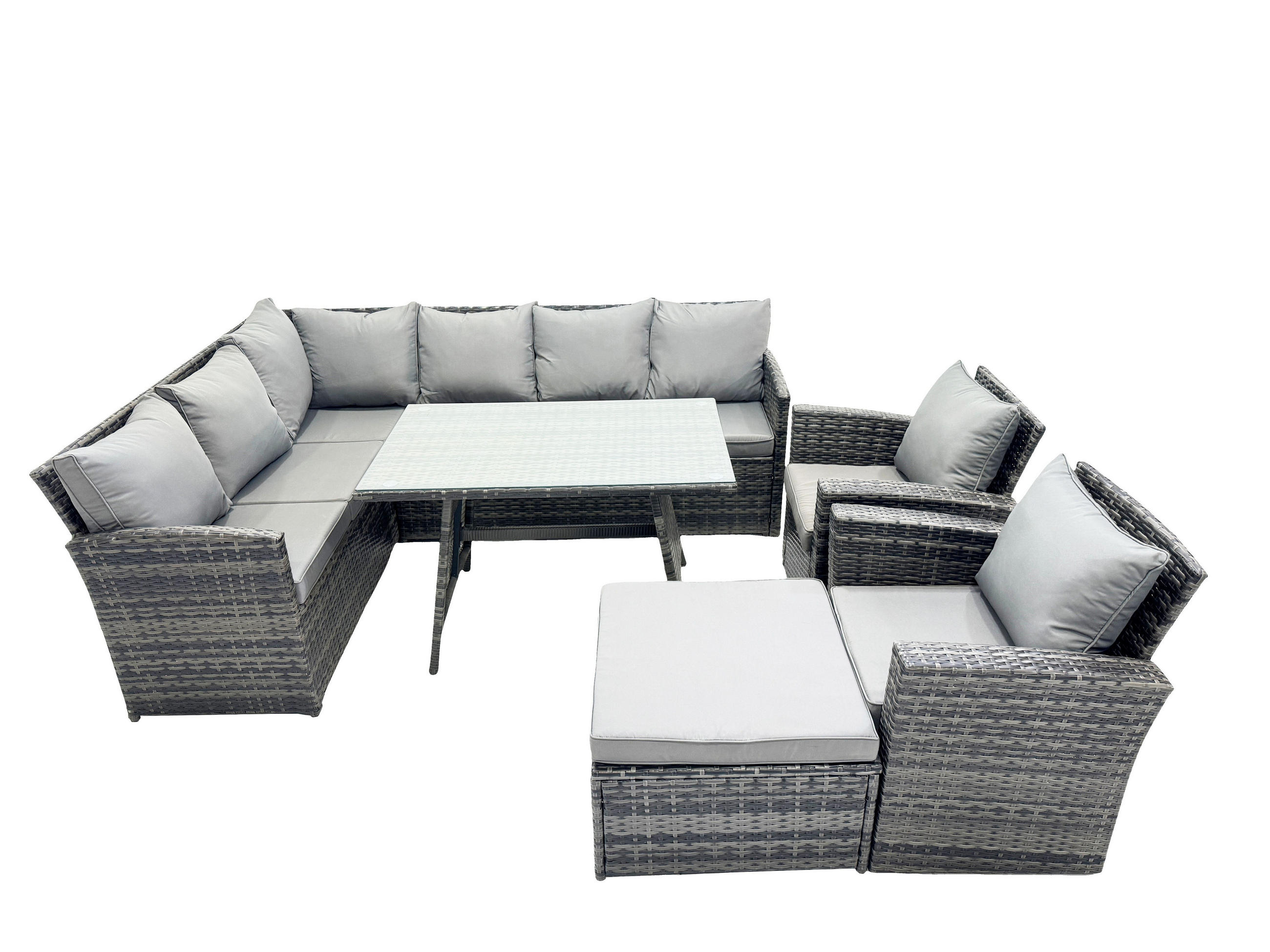 SITZGRUPPE mit Ecksofa,Rechteckiger Esstisch ,Hocker,2 Stühle Polyrattan 9-Sitzer - Dunkelgrau/Grau, Glas/Kunststoff - Fimous