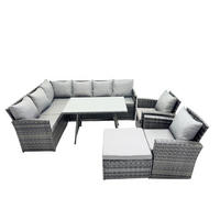 SITZGRUPPE mit Ecksofa,Rechteckiger Esstisch ,Hocker,2 Stühle Polyrattan 9-Sitzer - Dunkelgrau/Grau, Glas/Kunststoff - Fimous