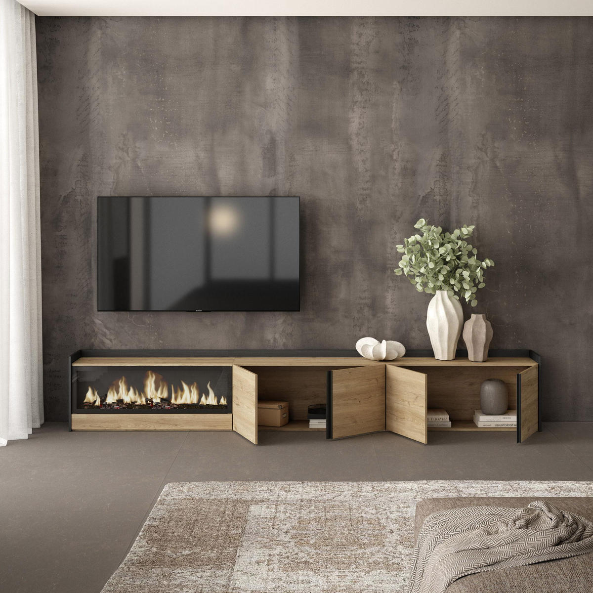 LOWBOARD, Eiche und Schwarz, 315/35/50cm, Kamin mit Feuereffekt XXL - Eichefarben, Holzwerkstoff (315/50/35cm) - Skraut Home
