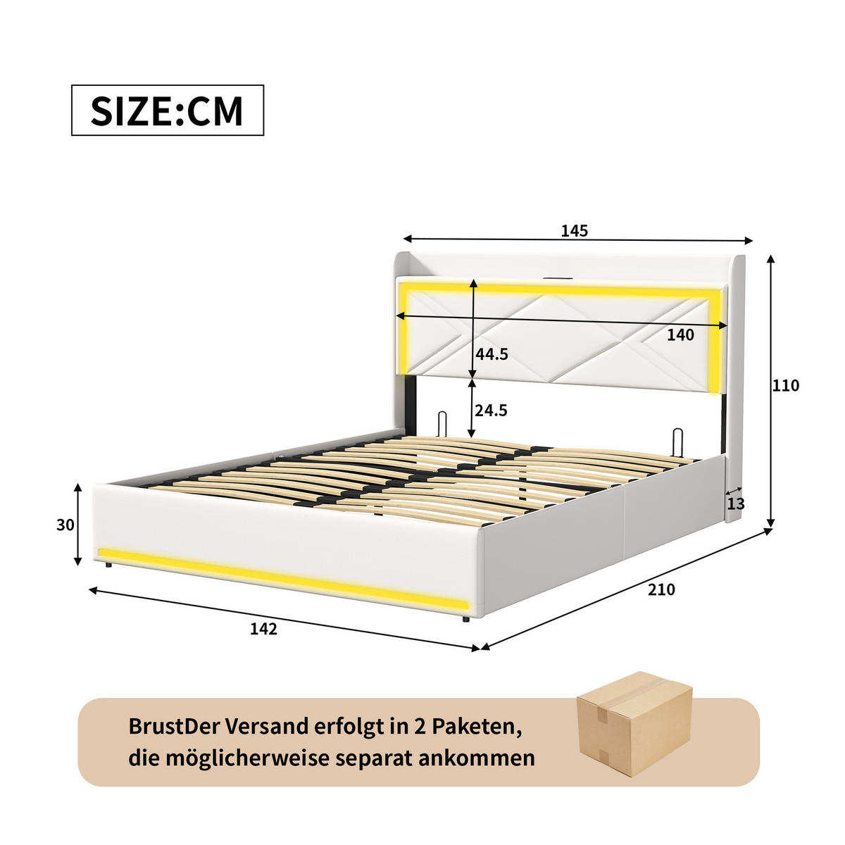 POLSTERBETT 140x200 cm, Weiß, mit LED & USB - Weiß, Textil/Metall (140/200cm)