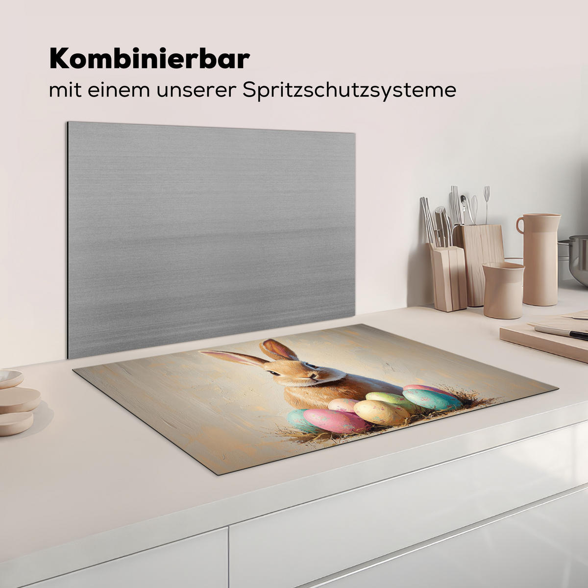 HERDABDECKPLATTE Osterhase - Pastell - Eier Ceranfeldabdeckung 78x52 cm - Beige, Kunststoff (78/52/0.2cm) - MuchoWow