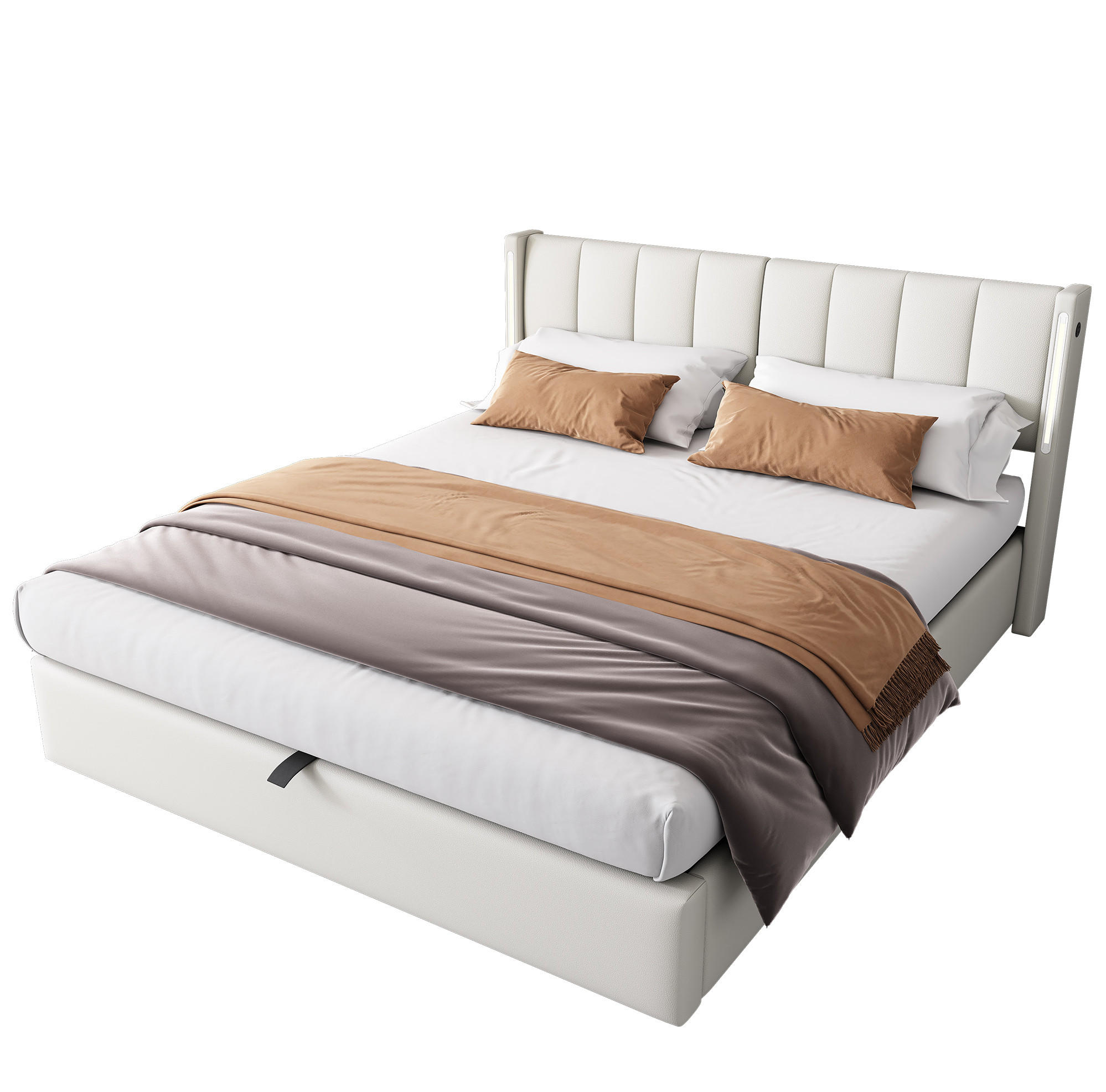 OKWISH ČALOUNĚNÁ postel 180/200 cm bílá z PU s LED osvětlením, USB portem a úložným prostorem