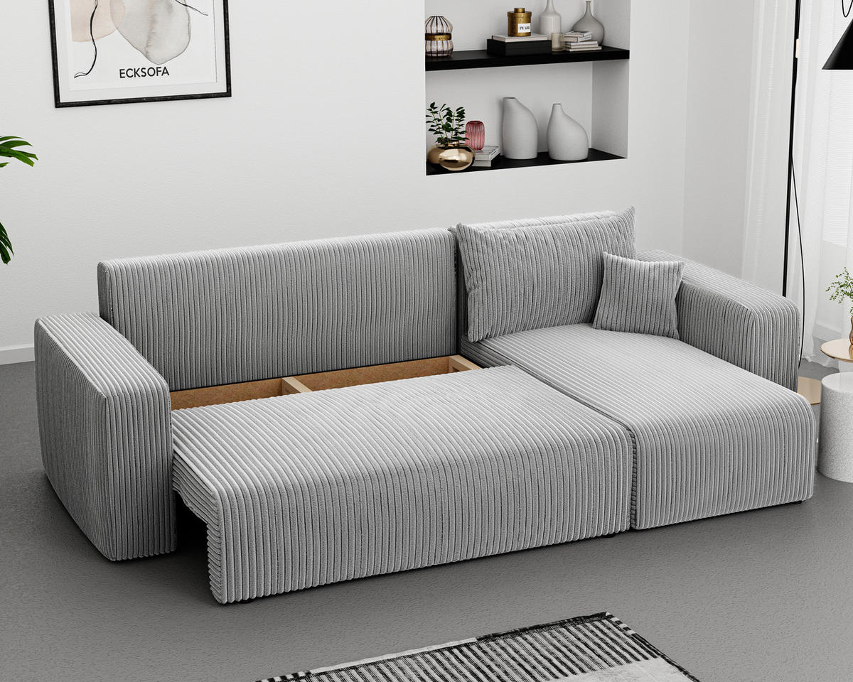 ECKSOFA Grau Cord-Stoff mit Bettkasten - Hellgrau, Textil (248/145cm) - Idohome