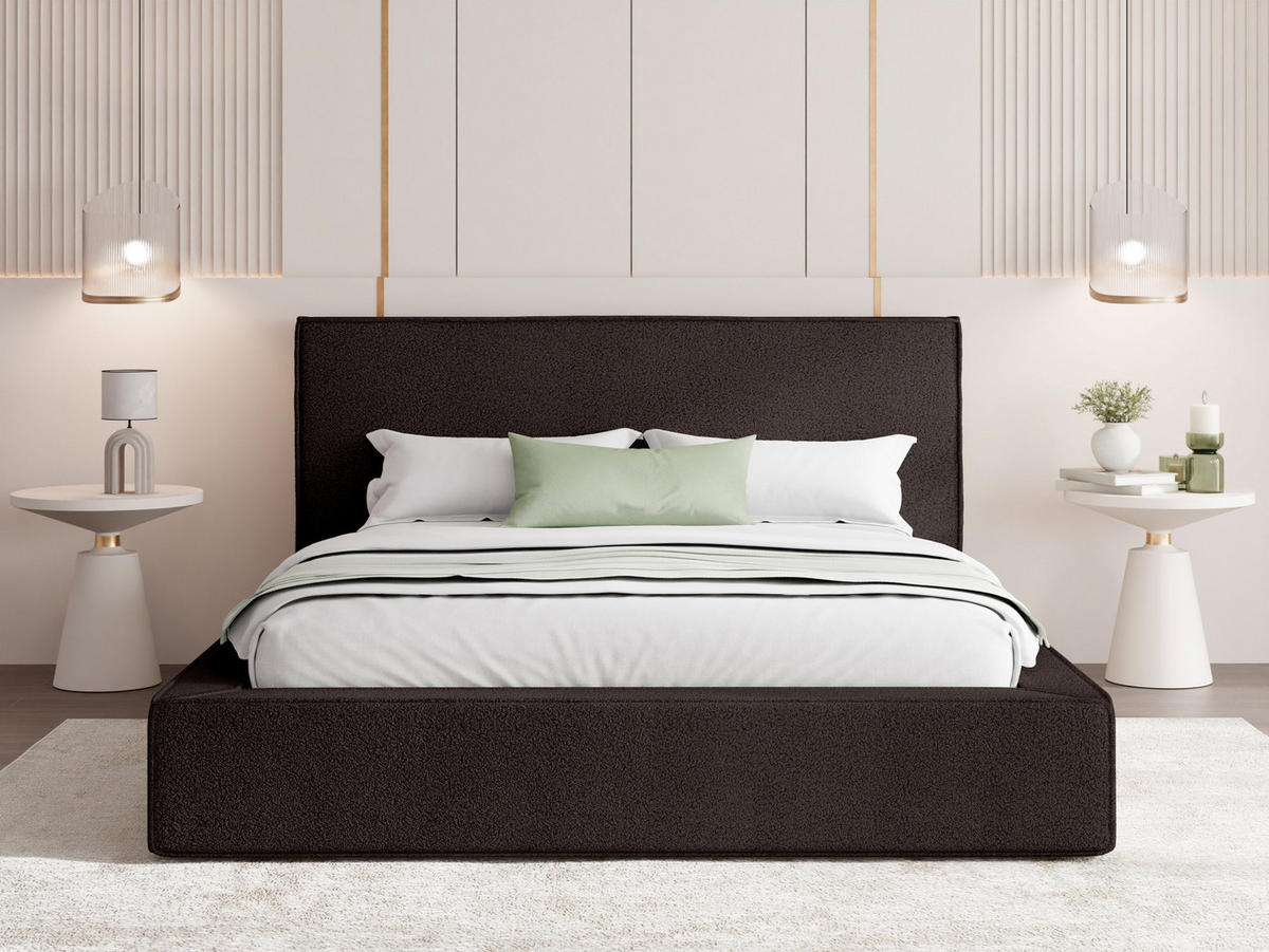 POLSTERBETT Merlin mit Bettkasten, Metall-Lattenrost & hohem Kopfteil in Braun Boucle 200x200 cm - Birkefarben/Schwarz, Kunststoff/Textil (200/200cm) - WFL GROUP