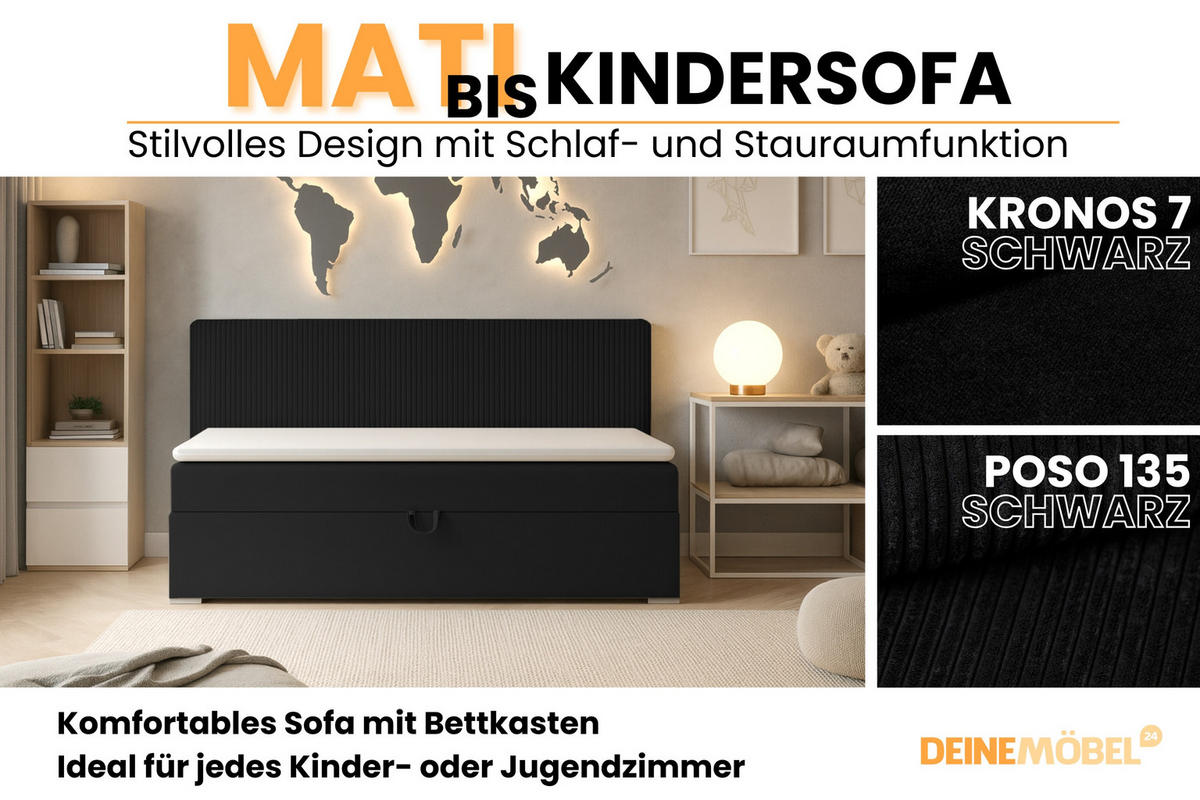 BOXBETT MATI BIS 90/200 Schwarz mit Taschen-Federkernmatratze H4 - Schwarz, Holz/Holzwerkstoff (90/200cm) - Deine Möbel 24