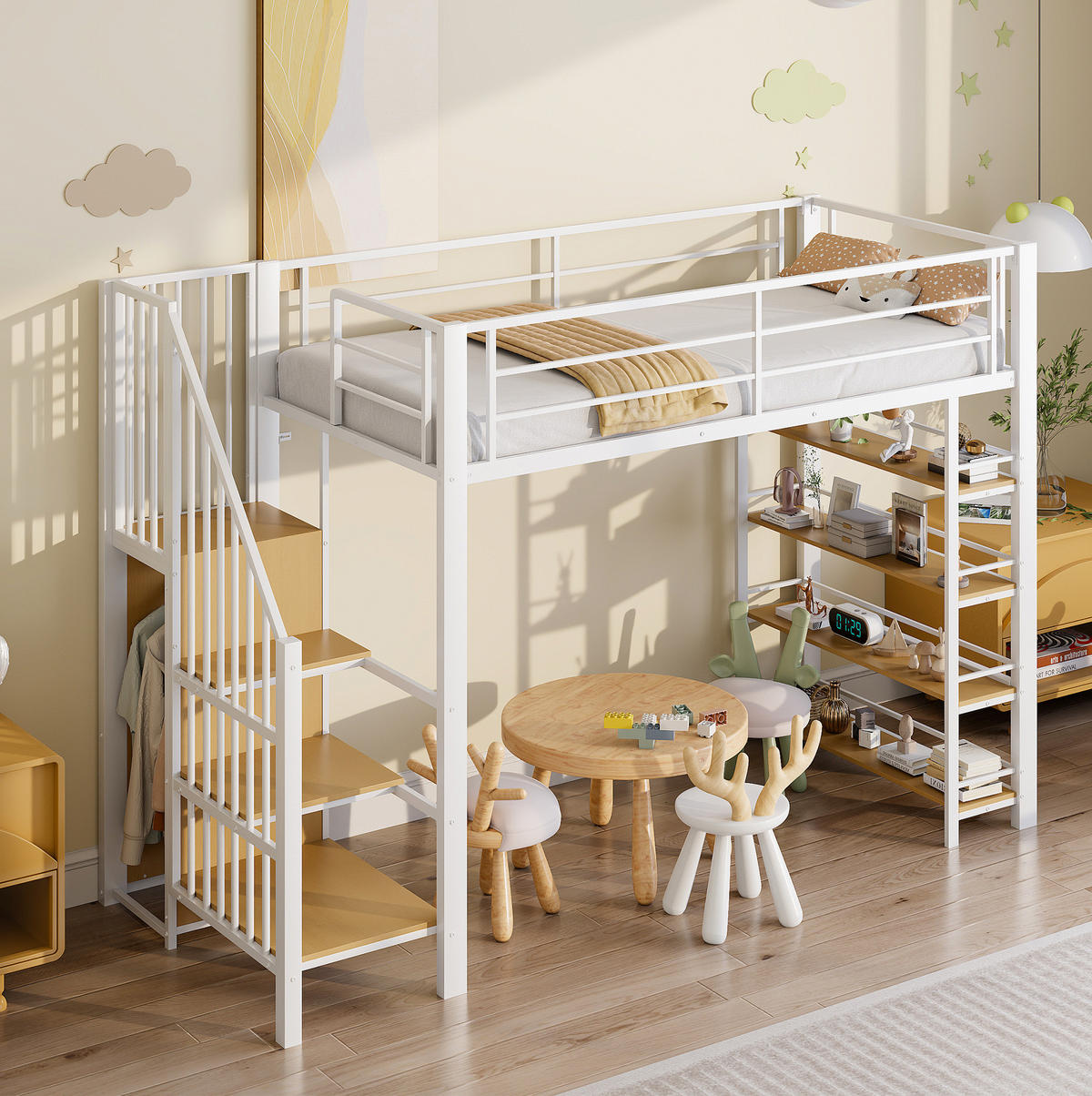 HOCHBETT 90/200 cm aus Metall mit Treppe, Stauraum, Kleiderschrank, Weiß - Weiß, Metall (90/200cm) - OKMYHOME
