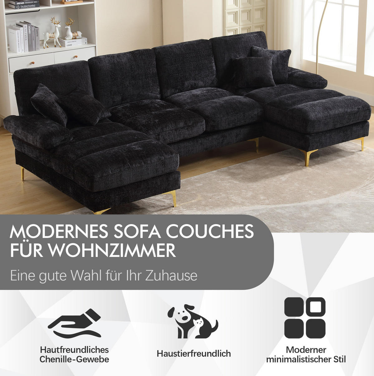 U-FORM Wohnlandschaft Chenille mit 2 Liegeflächen 272/136/88 cm Schwarz - Schwarz, Textil/Metall (136/88/272cm) - Redom