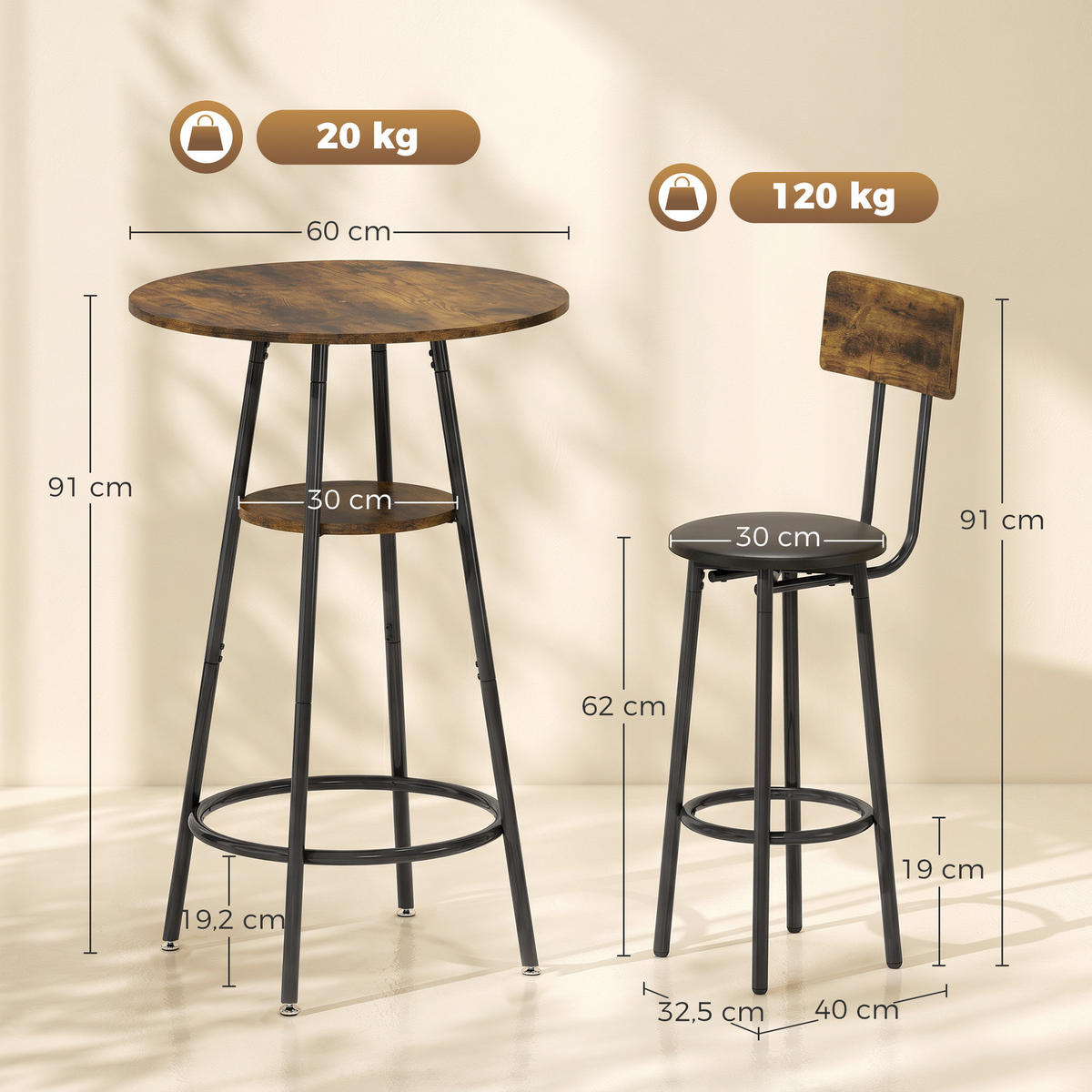 BARTISCH-SET Spanplatte Rustikal Braun - Braun, Metall (60/91/60cm) - HOMCOM