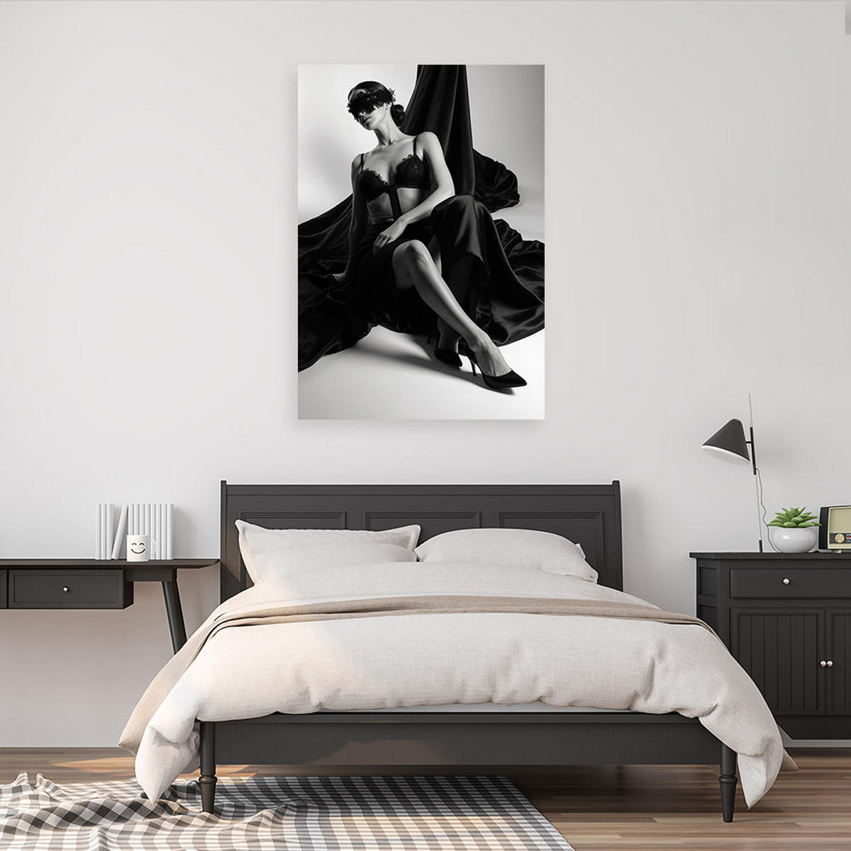 WANDBILD, Frau in schwarzer Augenbinde nackt schwarz und weiß - Schwarz, Textil (60/90cm) - Feeby