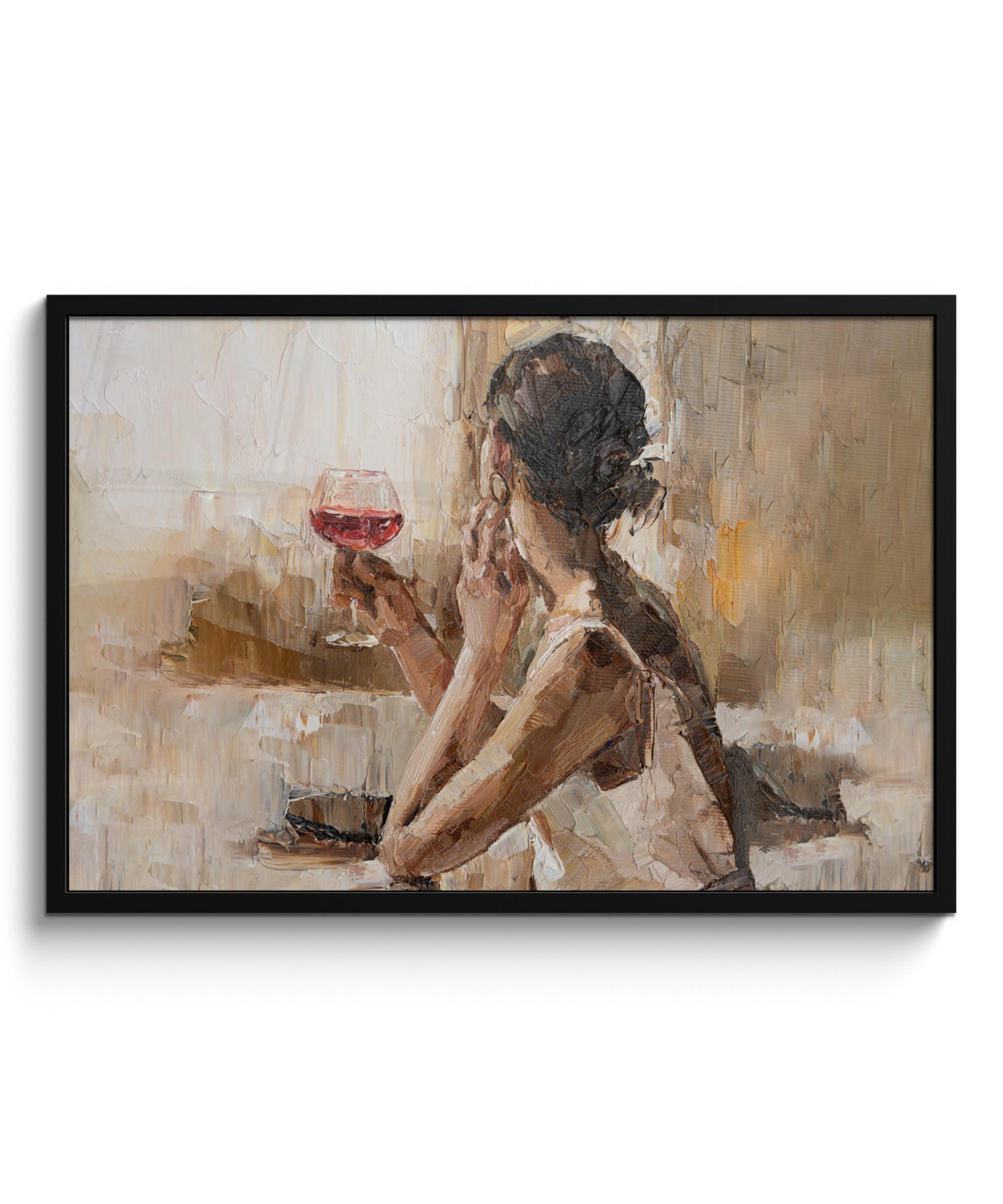 POSTER MIT RAHMEN Ölgemälde - Frau - Wein 90x60 cm - Hellbraun, Papier (90/60cm) - MuchoWow
