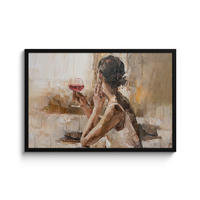 ZARÁMOVANÝ PLAGÁT Olejomaľba - Žena - Víno 90x60 cm - svetlohnedá, papier (90/60cm) - MuchoWow
