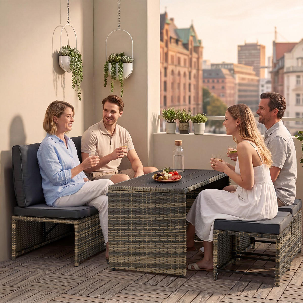 2-IN-1-RATTANLOUNGE-SET Monopoli, höhenverstellbare Tischfüße, natur - Naturfarben, Kunststoff - tectake